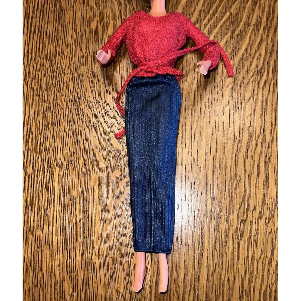 Vtg Barbie 3pc Outfit Red Ribbed Knit Wrap Top Long Blue Shimmer Pencil Skirt
